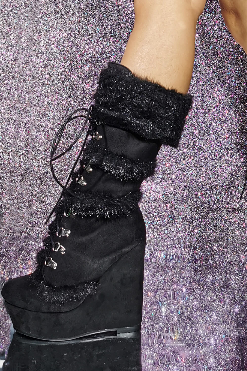 Black Faux Fur Lace Up Mid Calf Wedge Platform Boots