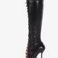 Laced-Up Tapered Toe Knee High Stiletto Boots - Black