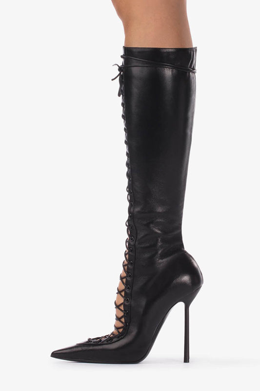 Laced-Up Tapered Toe Knee High Stiletto Boots - Black