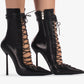 Laced-Up Tapered Pointed Toe Ankle High Stiletto Boots - Black