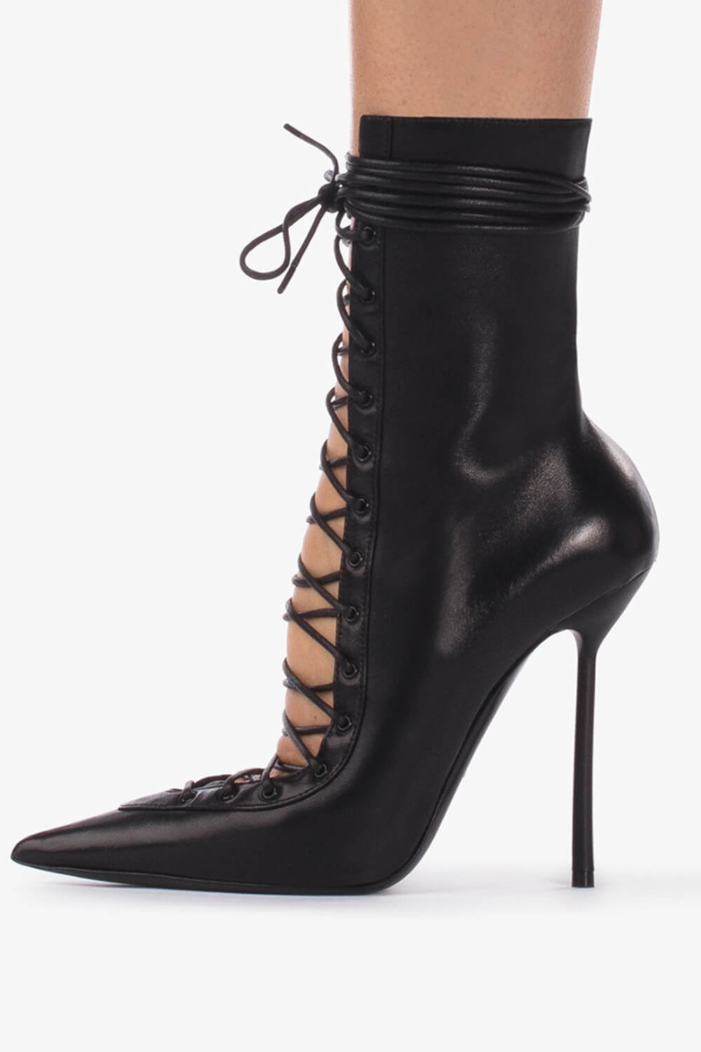 Laced-Up Tapered Pointed Toe Ankle High Stiletto Boots - Black