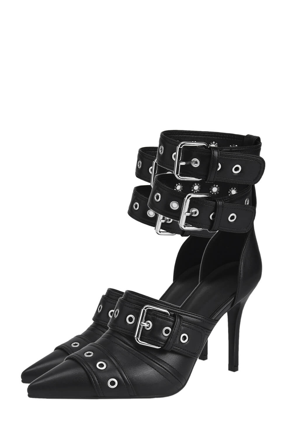 Multi Buckle Pointed Toe Ankle Stiletto Heel Boots - Black