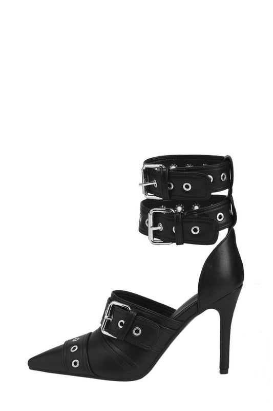 Multi Buckle Pointed Toe Ankle Stiletto Heel Boots - Black