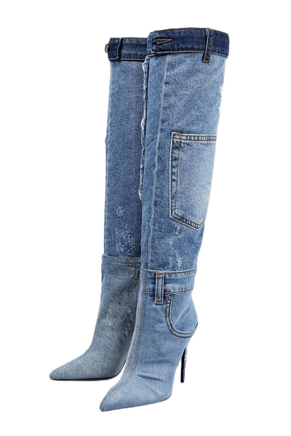 Patchwork Denim Knee-High Stiletto Heeled Boots With Pocket Details - Blue