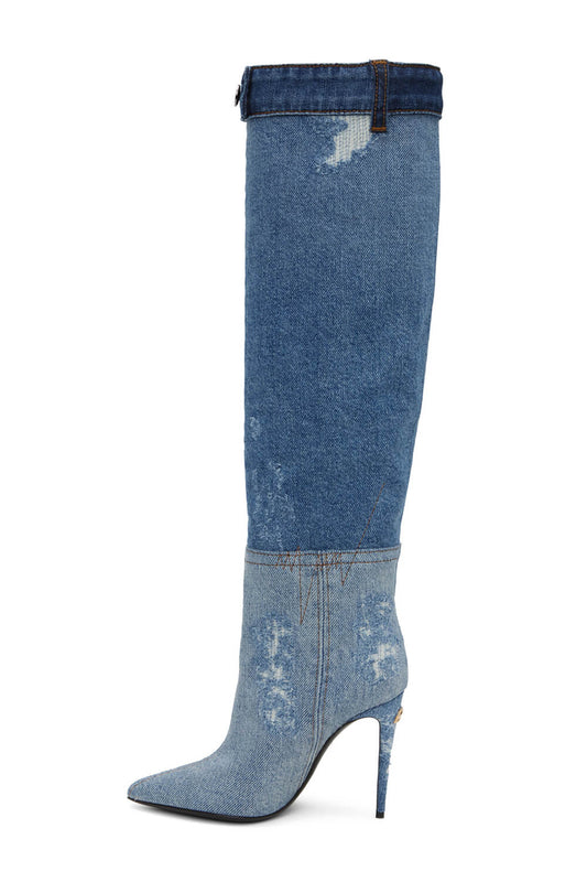 Patchwork Denim Knee-High Stiletto Heeled Boots With Pocket Details - Blue