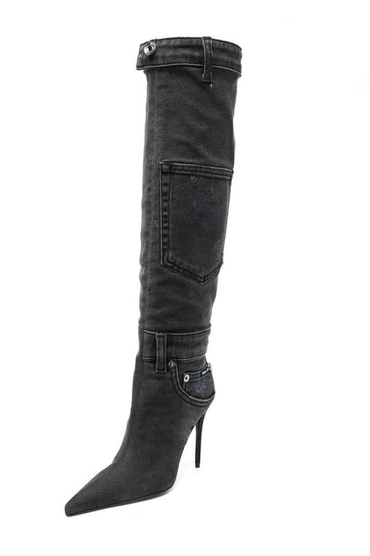 Patchwork Denim Knee-High Stiletto Heeled Boots With Pocket Details - Black