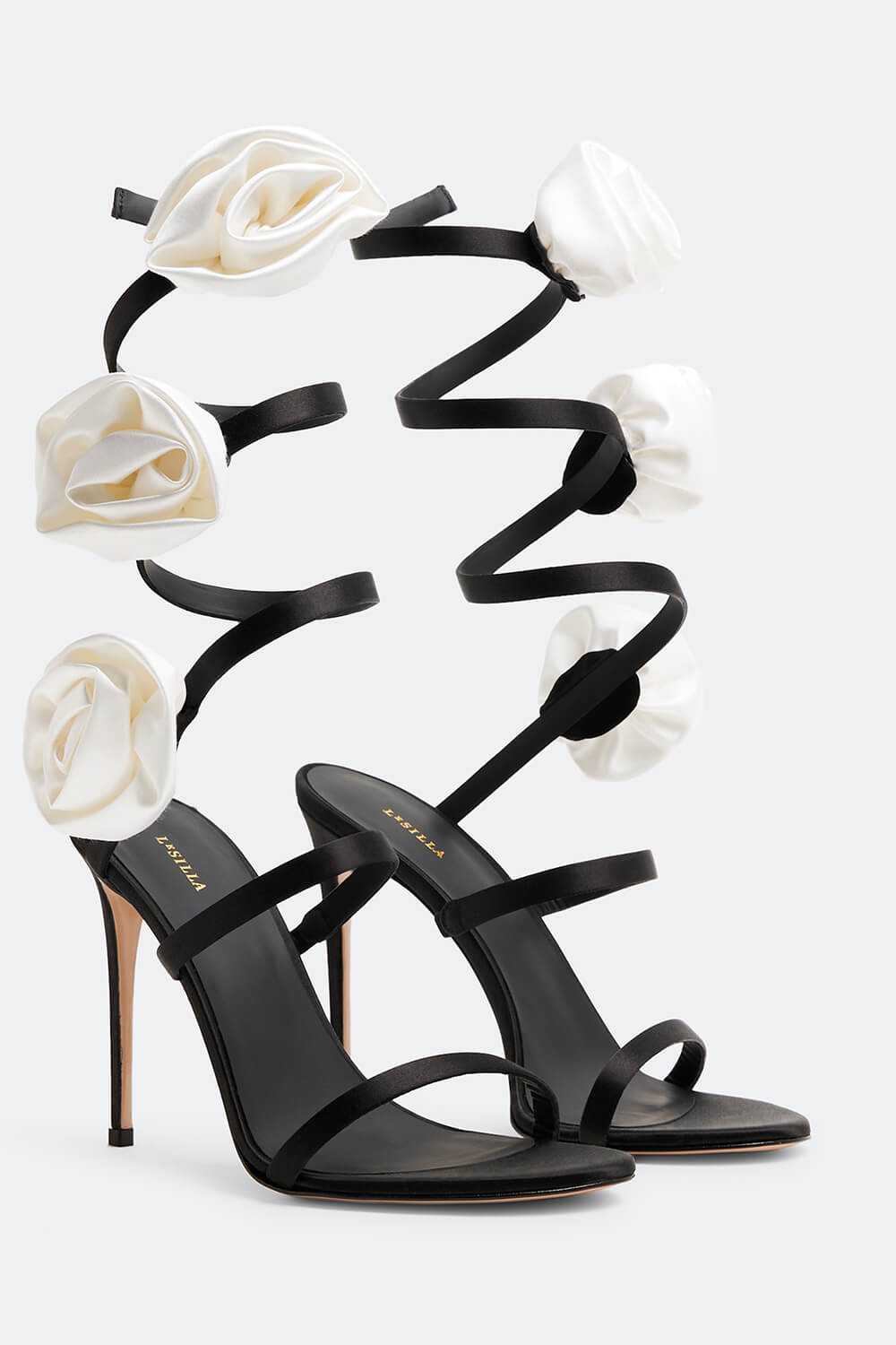 Black Satin Wrap-Around High-Heel Sandals With White Roses Detailing