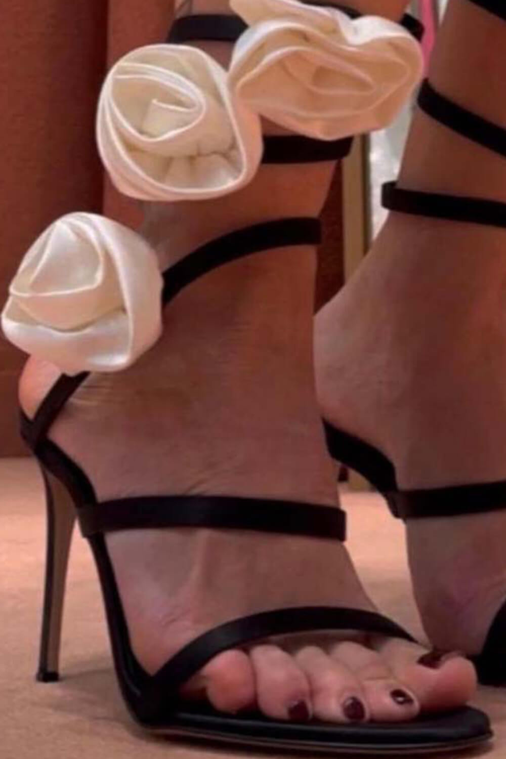 Black Satin Wrap-Around High-Heel Sandals With White Roses Detailing