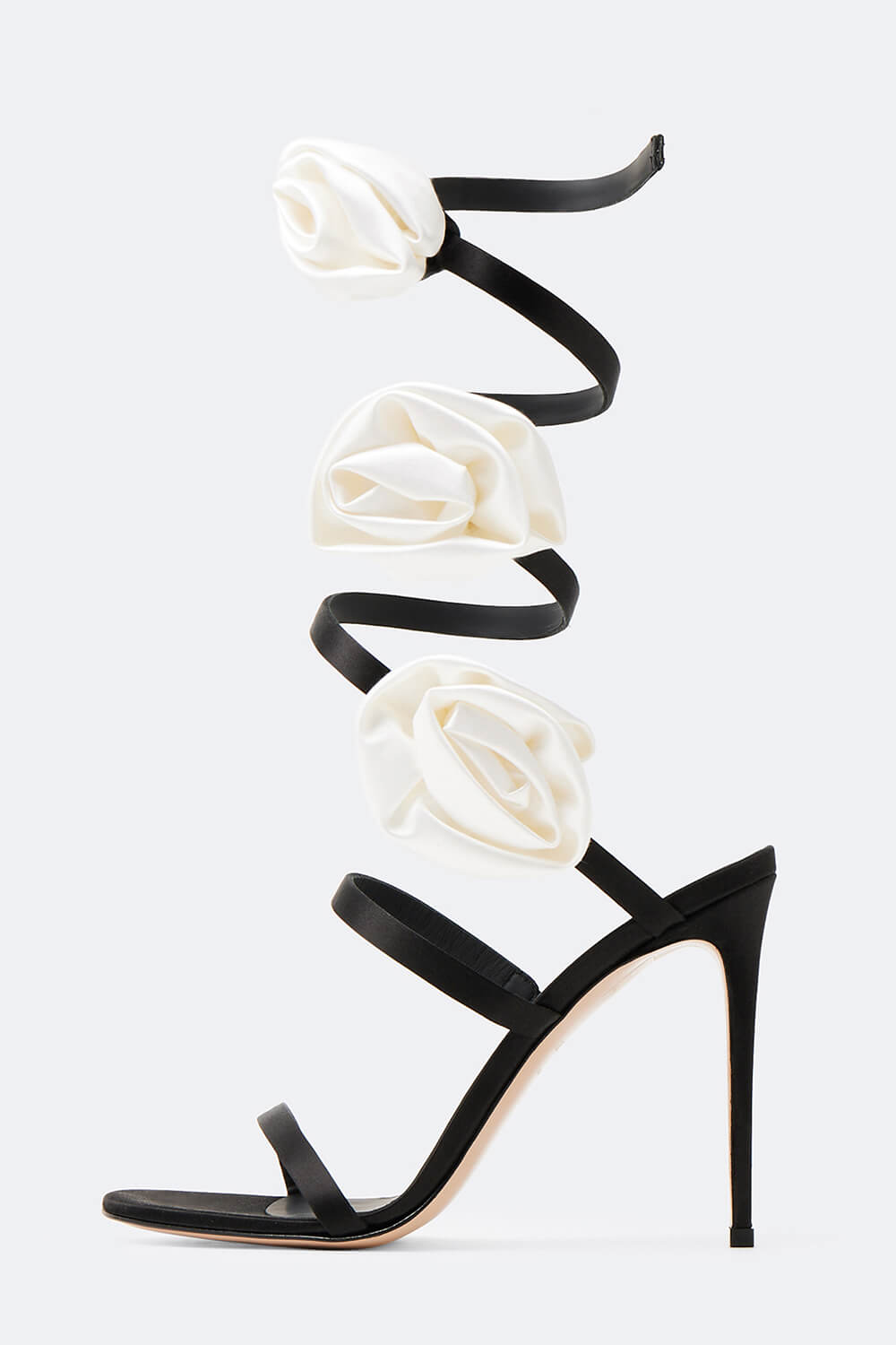 Black Satin Wrap-Around High-Heel Sandals With White Roses Detailing