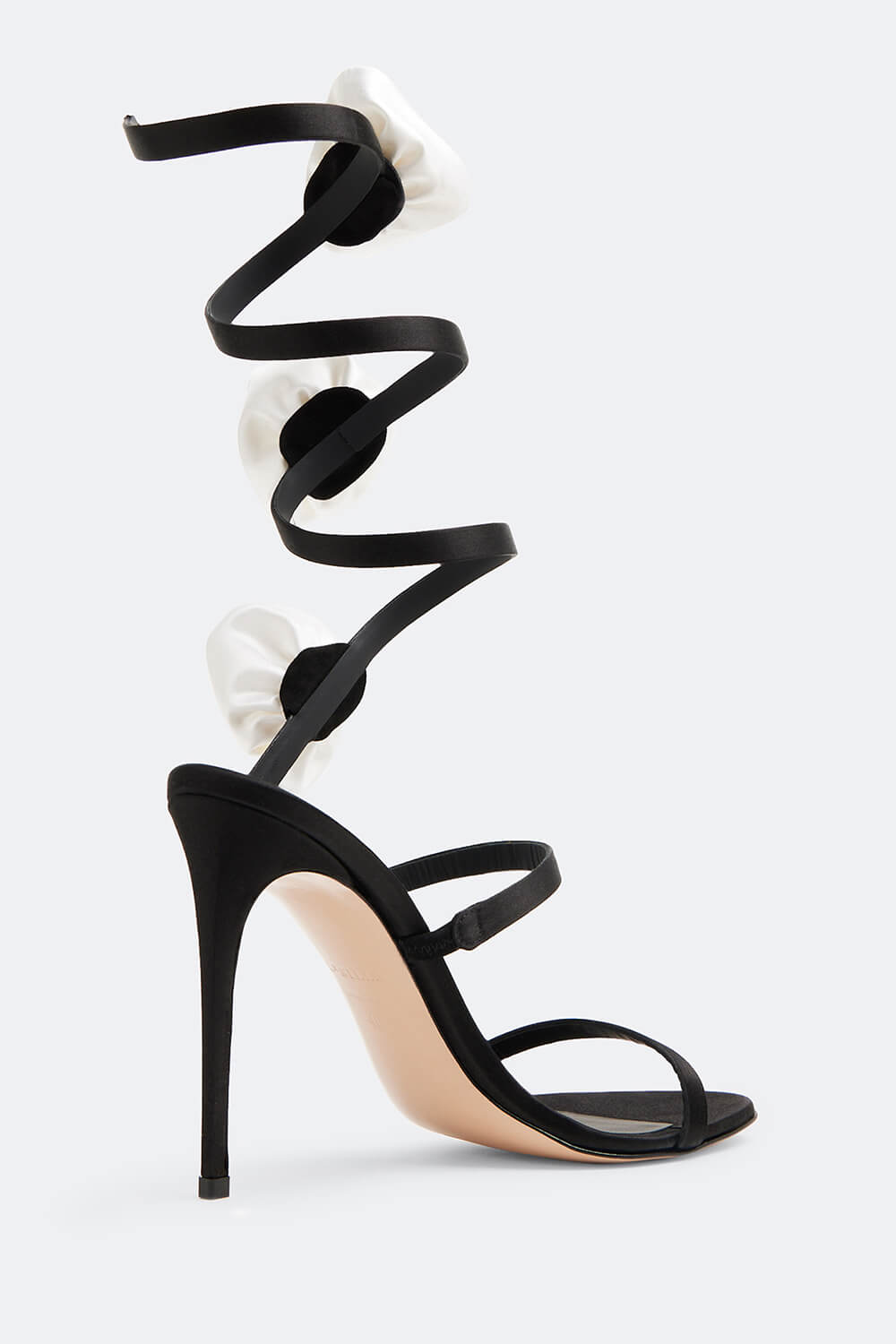 Black Satin Wrap-Around High-Heel Sandals With White Roses Detailing