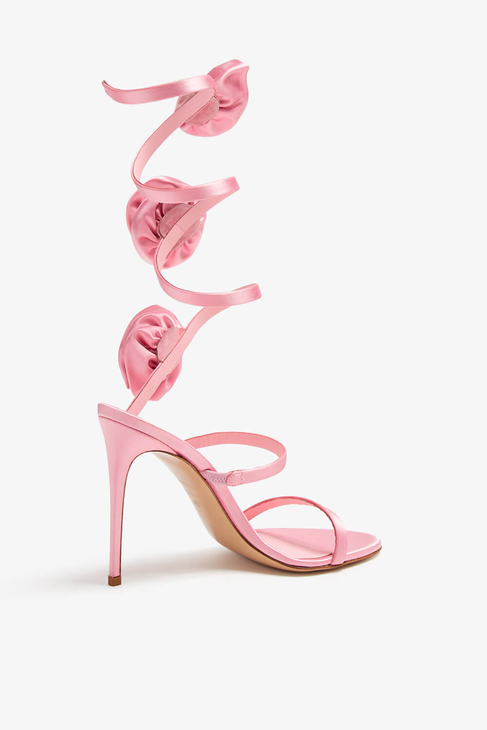 Pink Satin Wrap-Around High-Heel Sandals With Roses Detailing