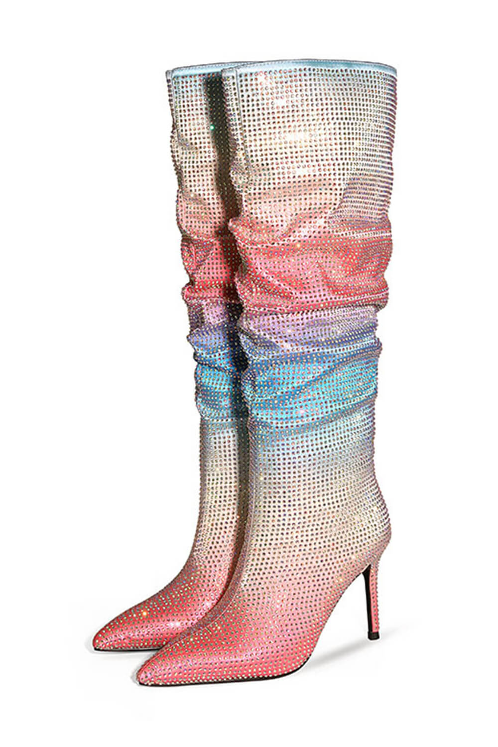 Ombre Multi Rhinestone Ruched Mid-Calf Pointed Toe Stiletto Boots - Pink
