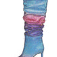Ombre Multi Rhinestone Ruched Mid-Calf Pointed Toe Stiletto Boots - Blue