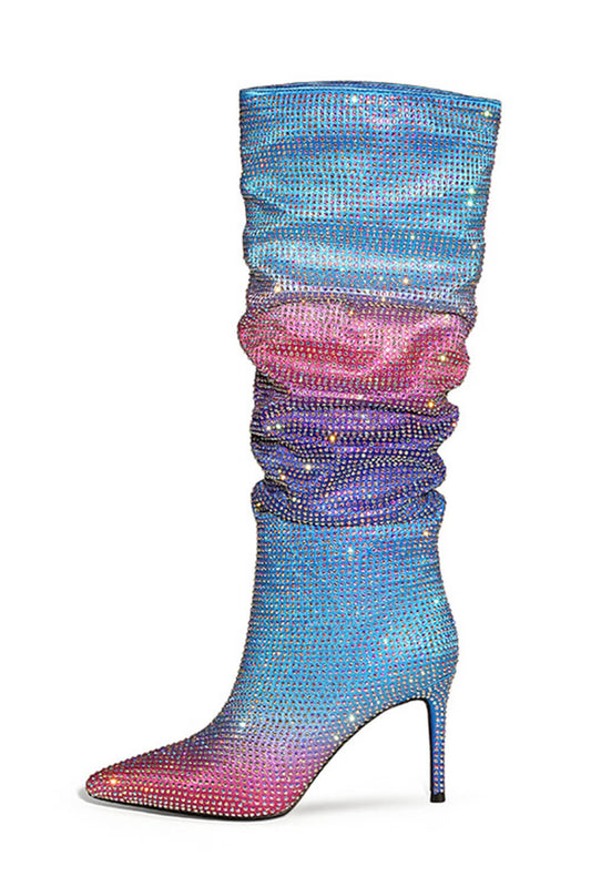 Ombre Multi Rhinestone Ruched Mid-Calf Pointed Toe Stiletto Boots - Blue