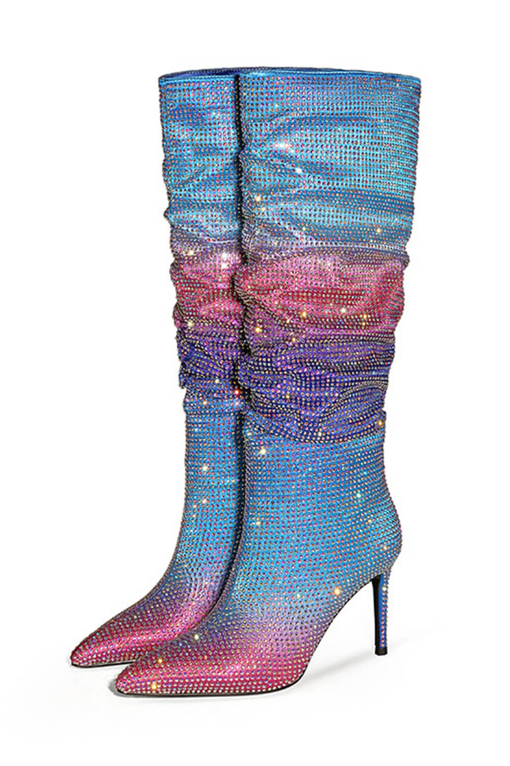 Ombre Multi Rhinestone Ruched Mid-Calf Pointed Toe Stiletto Boots - Blue