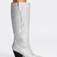 Rhinestone Embellished Knee High Block Heel Western Cowboy Boots - Silver
