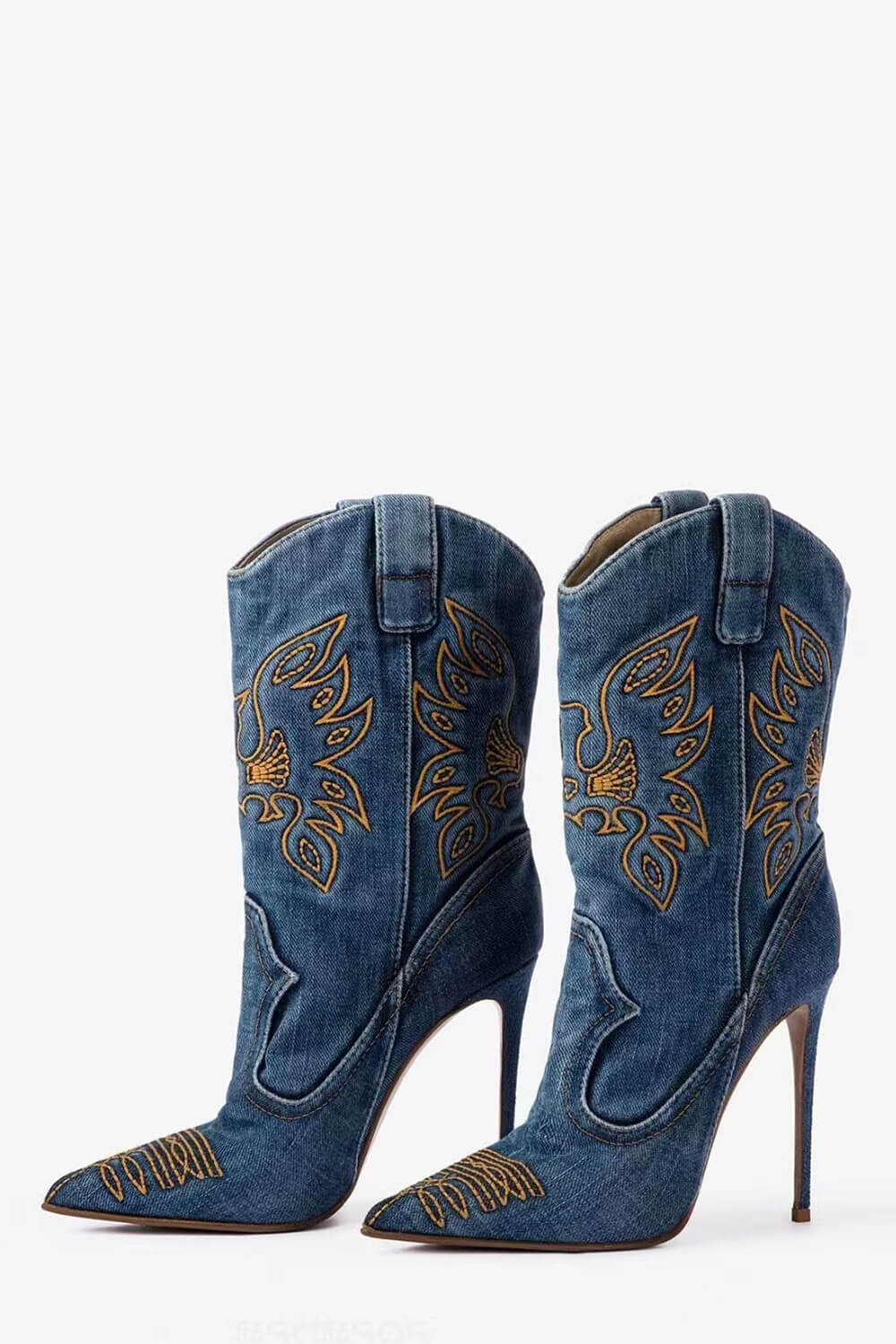 Blue Denim Western-Inspired Ankle Stiletto Heeled Boots With Embroidery