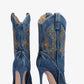 Blue Denim Western-Inspired Ankle Stiletto Heeled Boots With Embroidery