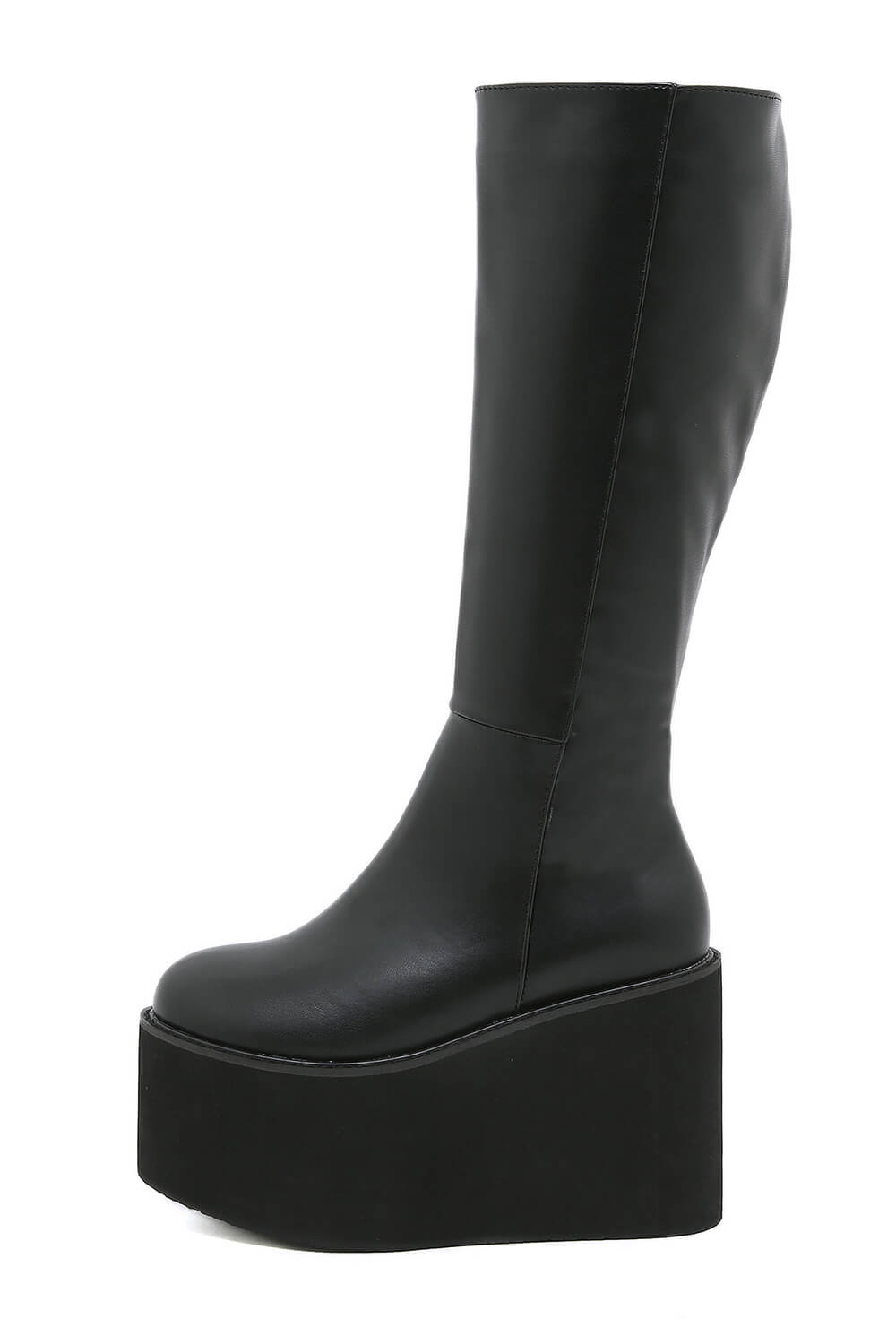 Knee High Chunky Wedge Platform Boots - Black