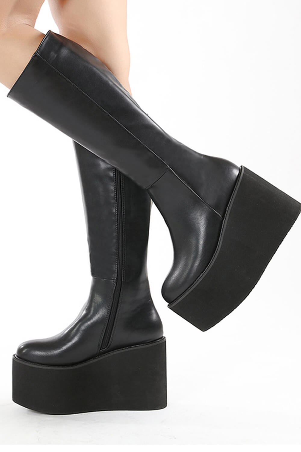 Knee High Chunky Wedge Platform Boots - Black