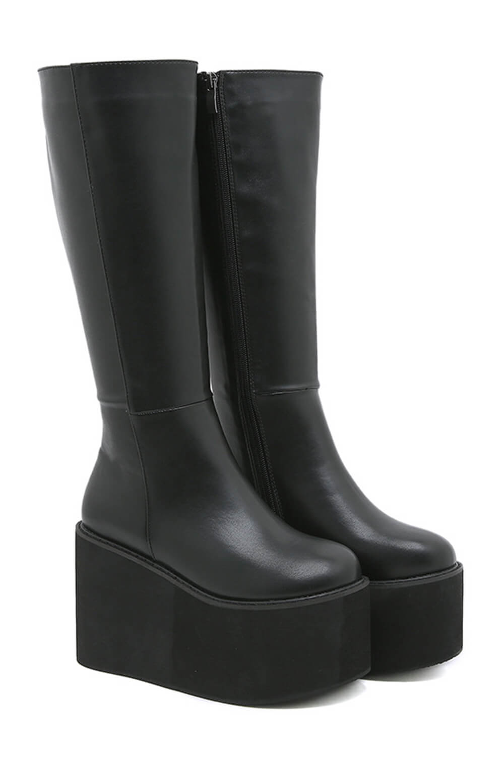 Knee High Chunky Wedge Platform Boots - Black