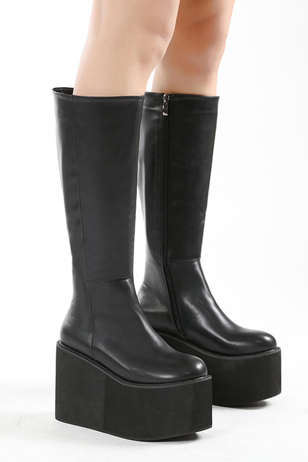 Knee High Chunky Wedge Platform Boots - Black