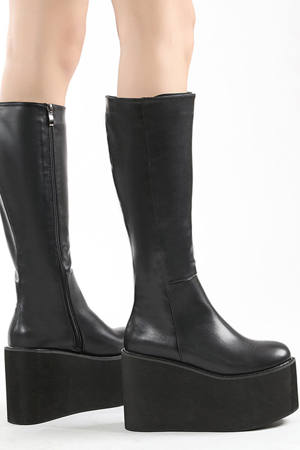 Knee High Chunky Wedge Platform Boots - Black