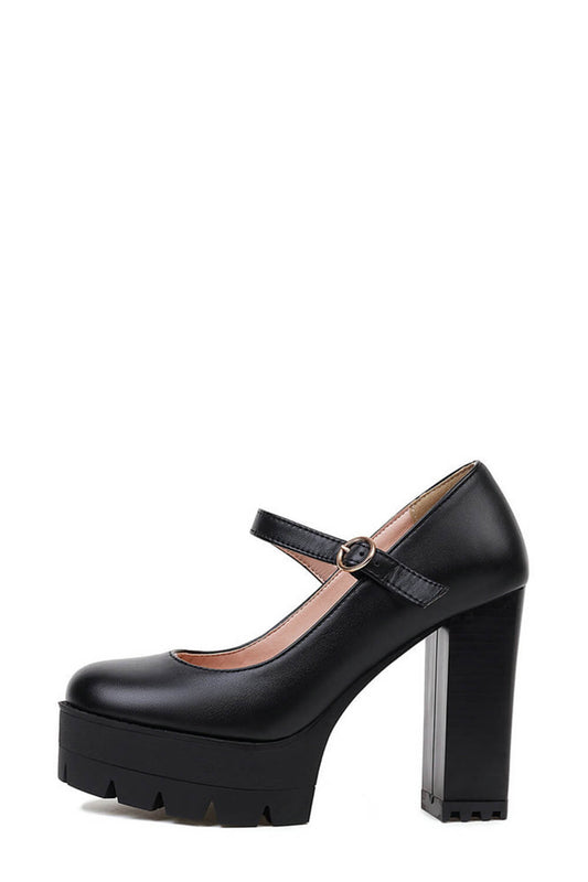 Faux Leather Platform Mary Jane Block Heeled Pumps - Black