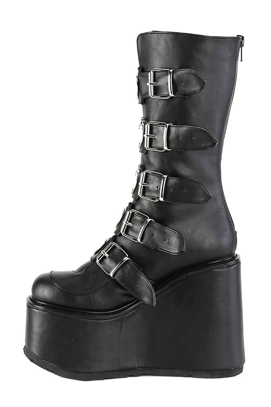 Multi Buckle Strap Mid-Calf Chunky Wedge Platform Boots - Black