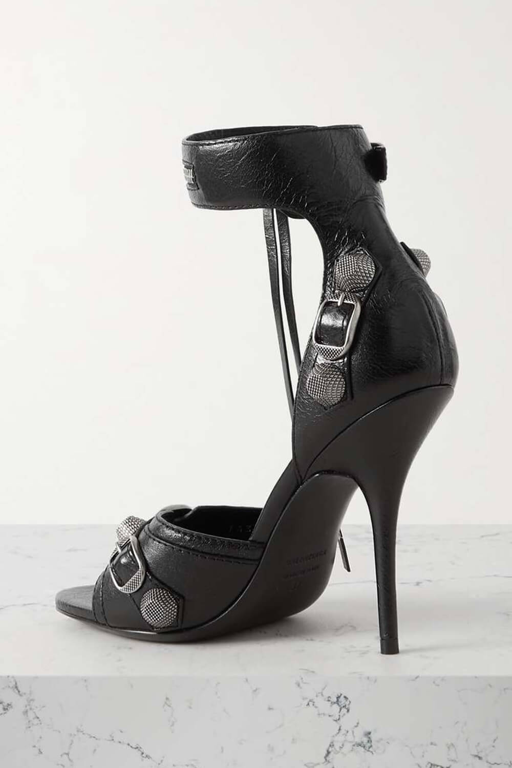Studs And Buckles Embellished Metallic Crinkled Ankle Heeled Sandals - Black