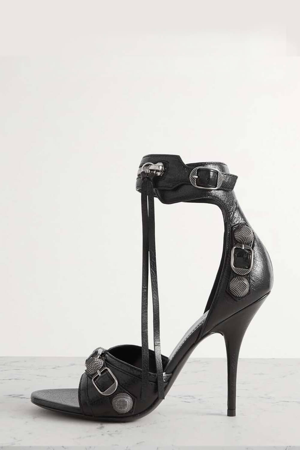 Studs And Buckles Embellished Metallic Crinkled Ankle Heeled Sandals - Black