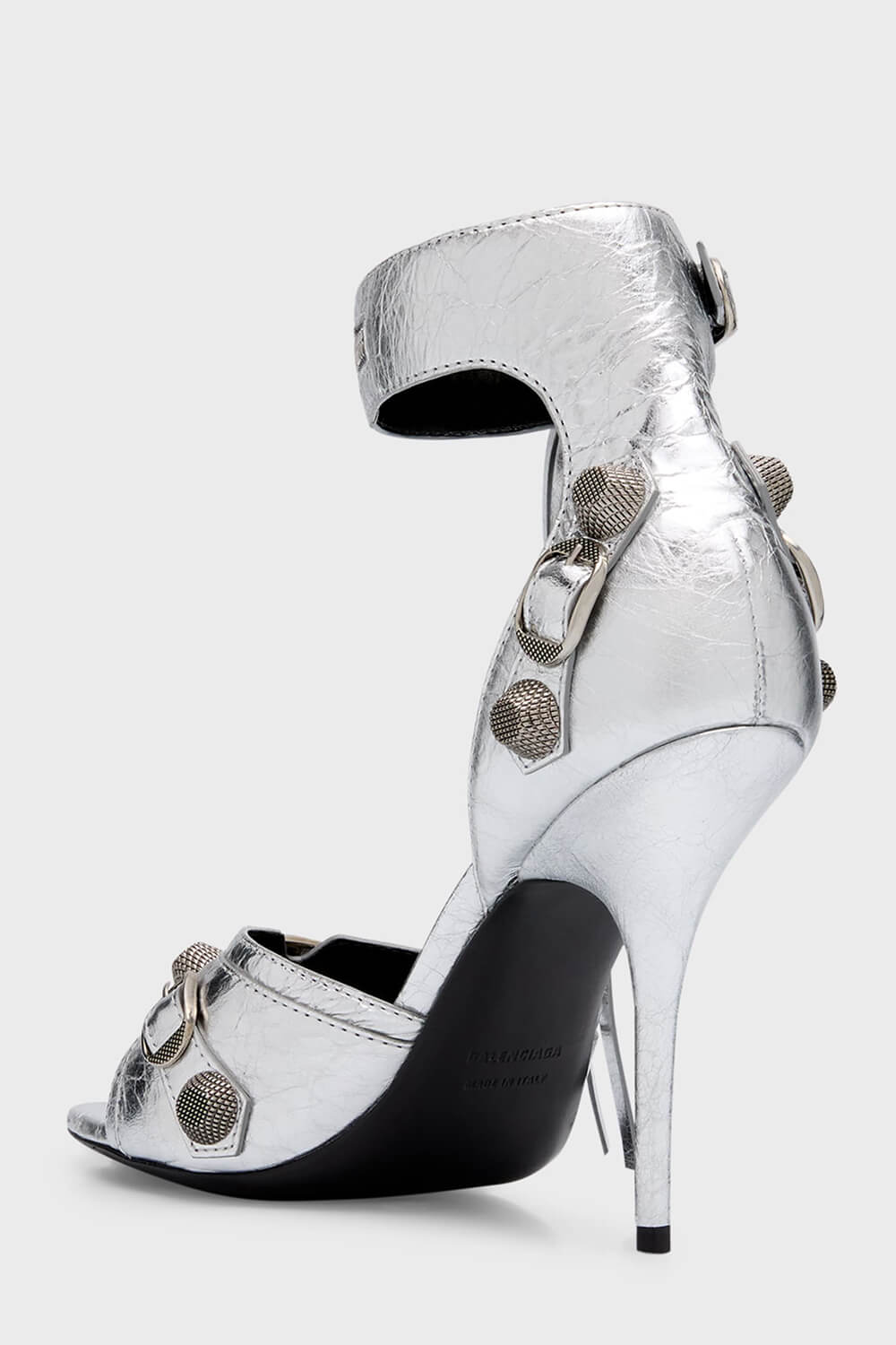 Studs And Buckles Embellished Metallic Crinkled Ankle Heeled Sandals - Silver