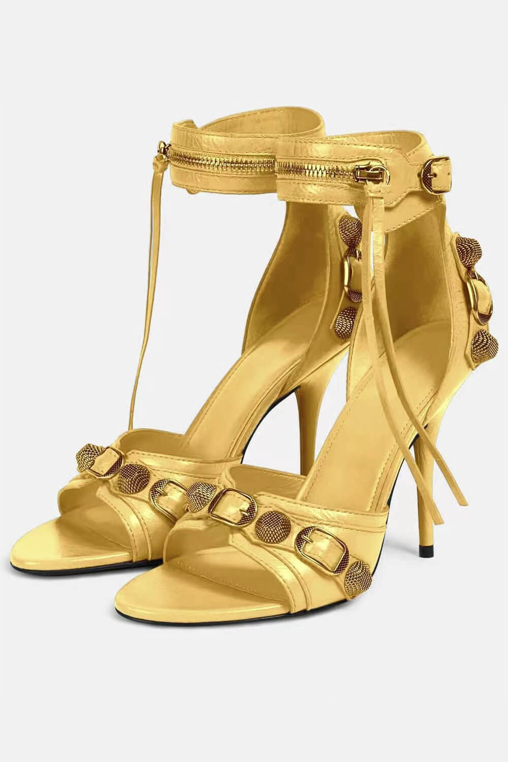Studs And Buckles Embellished Metallic Crinkled Ankle Heeled Sandals - Gold