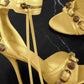 Studs And Buckles Embellished Metallic Crinkled Ankle Heeled Sandals - Gold