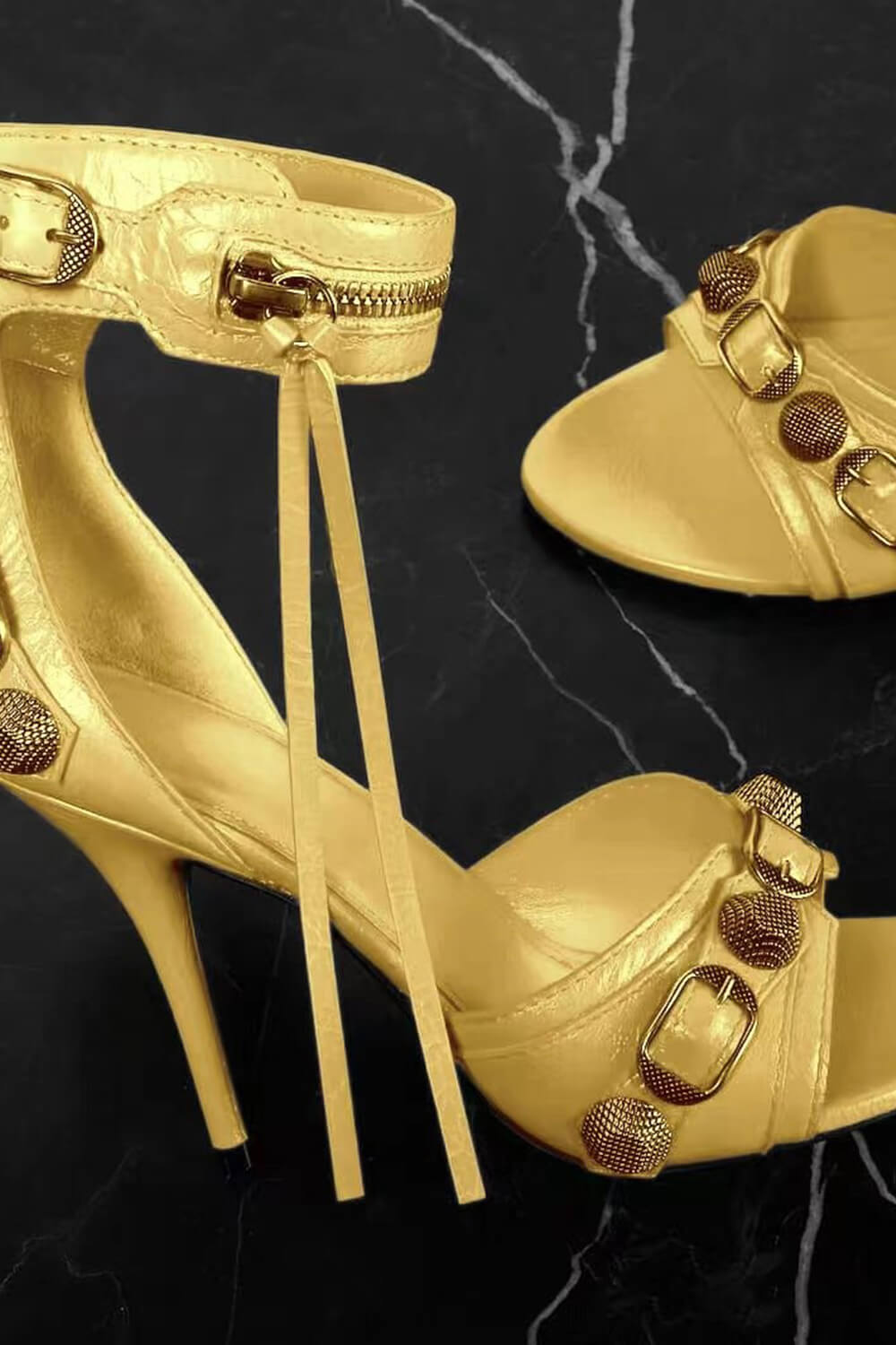 Studs And Buckles Embellished Metallic Crinkled Ankle Heeled Sandals - Gold