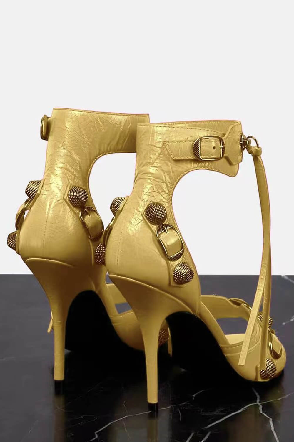 Studs And Buckles Embellished Metallic Crinkled Ankle Heeled Sandals - Gold