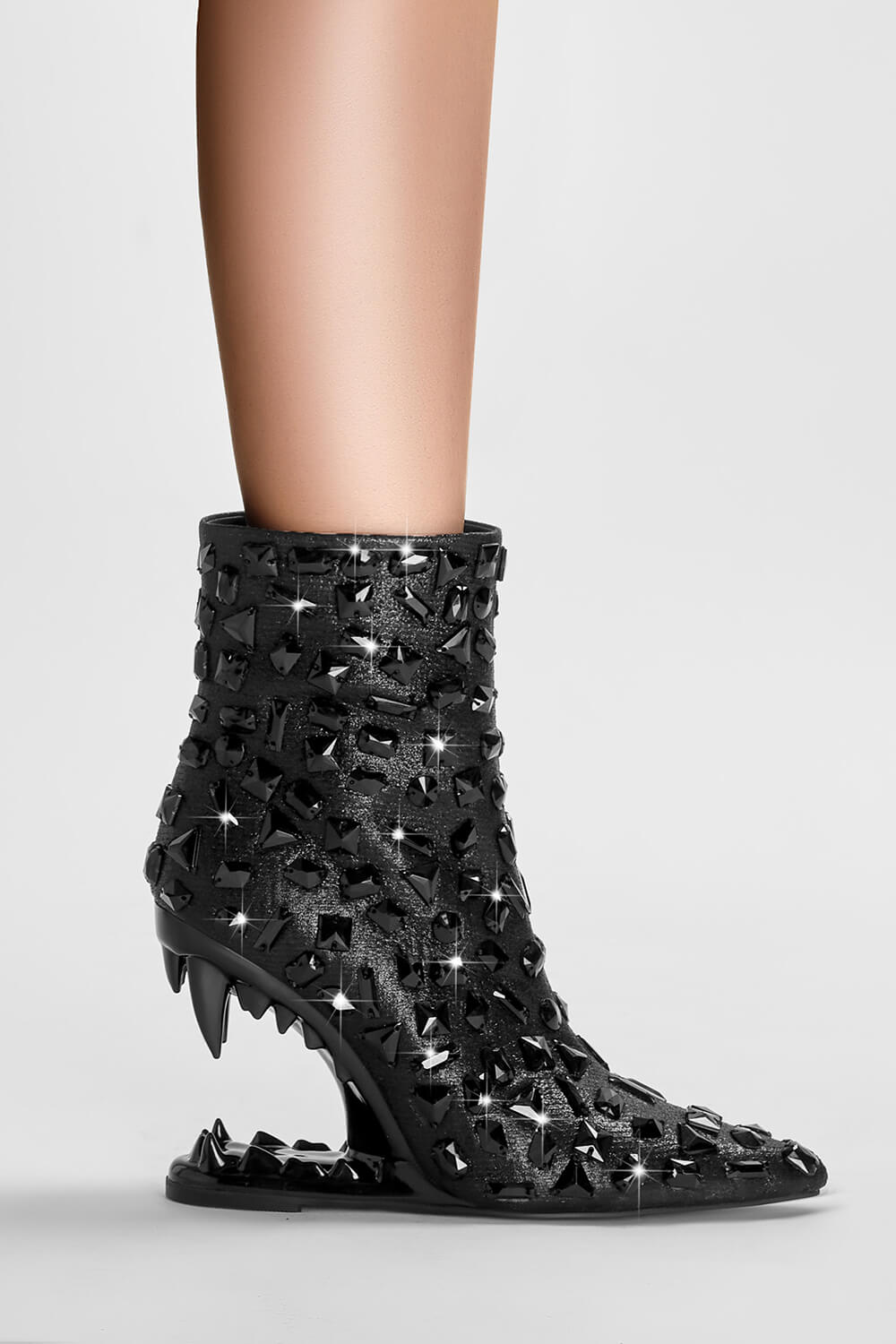 Rhinestone Embellished Pointed Toe Morso Heeled Ankle Boots - Black