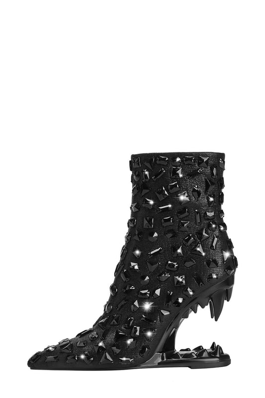 Rhinestone Embellished Pointed Toe Morso Heeled Ankle Boots - Black