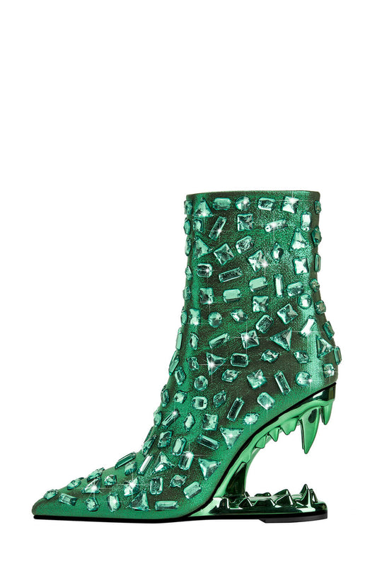 Rhinestone Embellished Pointed Toe Morso Heeled Ankle Boots - Green