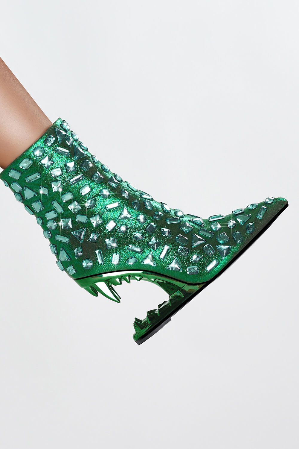 Rhinestone Embellished Pointed Toe Morso Heeled Ankle Boots - Green