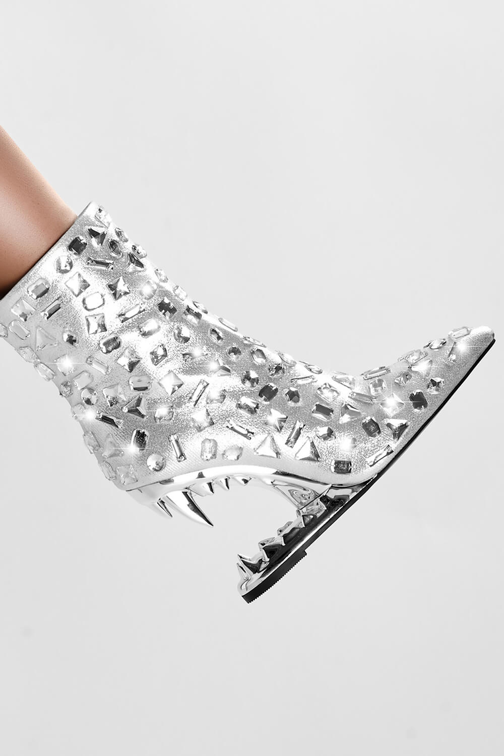 Rhinestone Embellished Pointed Toe Morso Heeled Ankle Boots - Silver