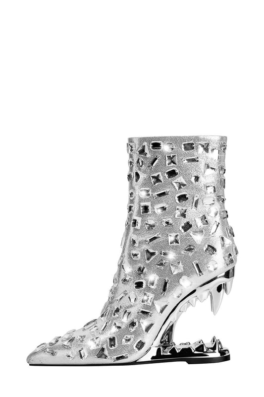 Rhinestone Embellished Pointed Toe Morso Heeled Ankle Boots - Silver