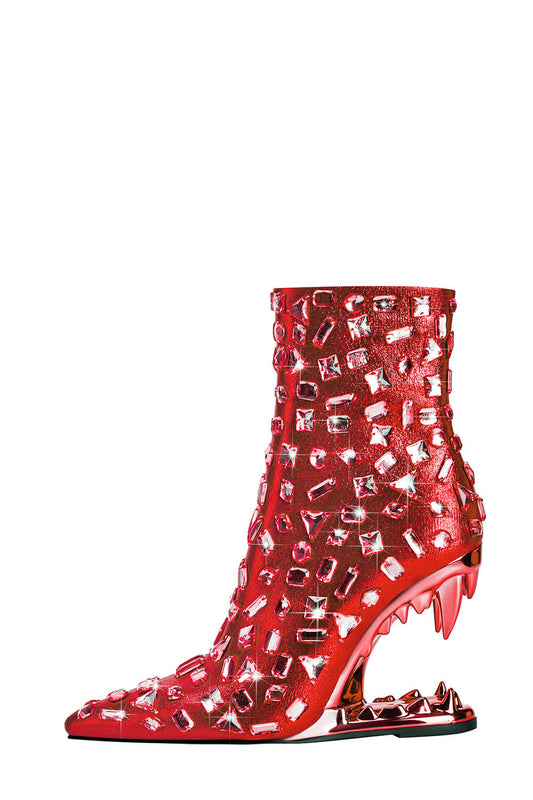 Rhinestone Embellished Pointed Toe Morso Heeled Ankle Boots - Red
