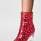Rhinestone Embellished Pointed Toe Morso Heeled Ankle Boots - Red
