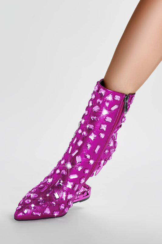 Rhinestone Embellished Pointed Toe Morso Heeled Ankle Boots - Hot Pink