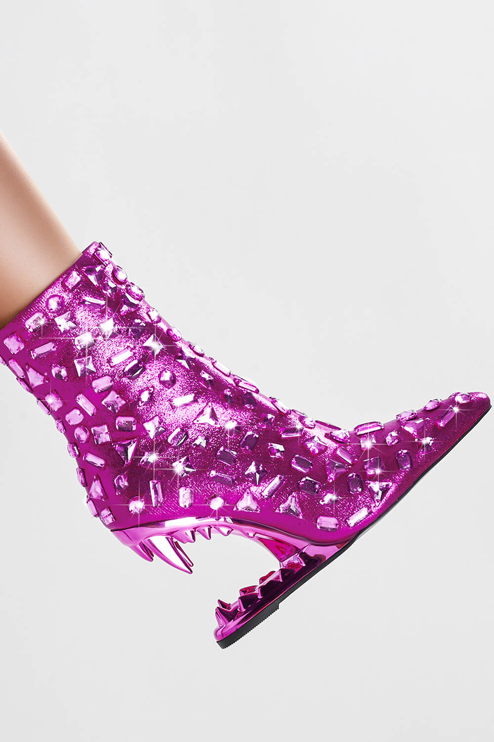 Rhinestone Embellished Pointed Toe Morso Heeled Ankle Boots - Hot Pink
