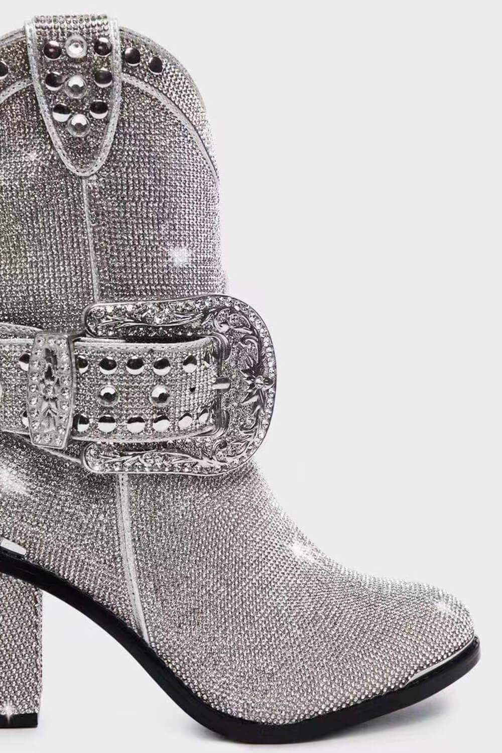 Shine Rhinestone Studded Block Heel Western Cowboy Ankle Boots - Silver