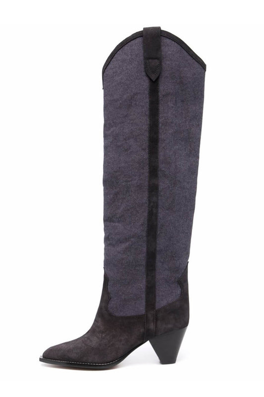 Suede Two-Tone Pointed Toe Western Cowboy Knee High Boots - Grey