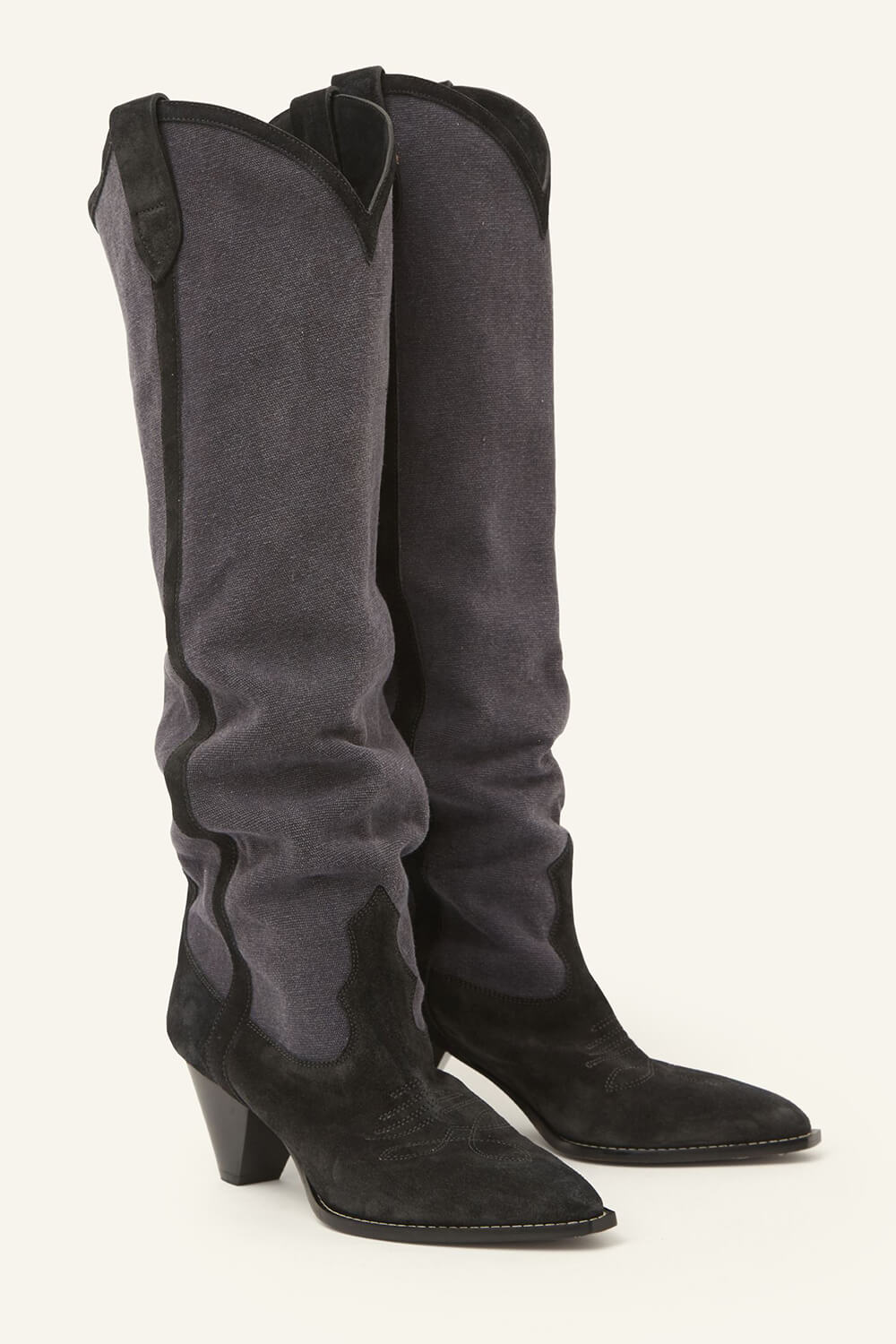 Suede Two-Tone Pointed Toe Western Cowboy Knee High Boots - Grey