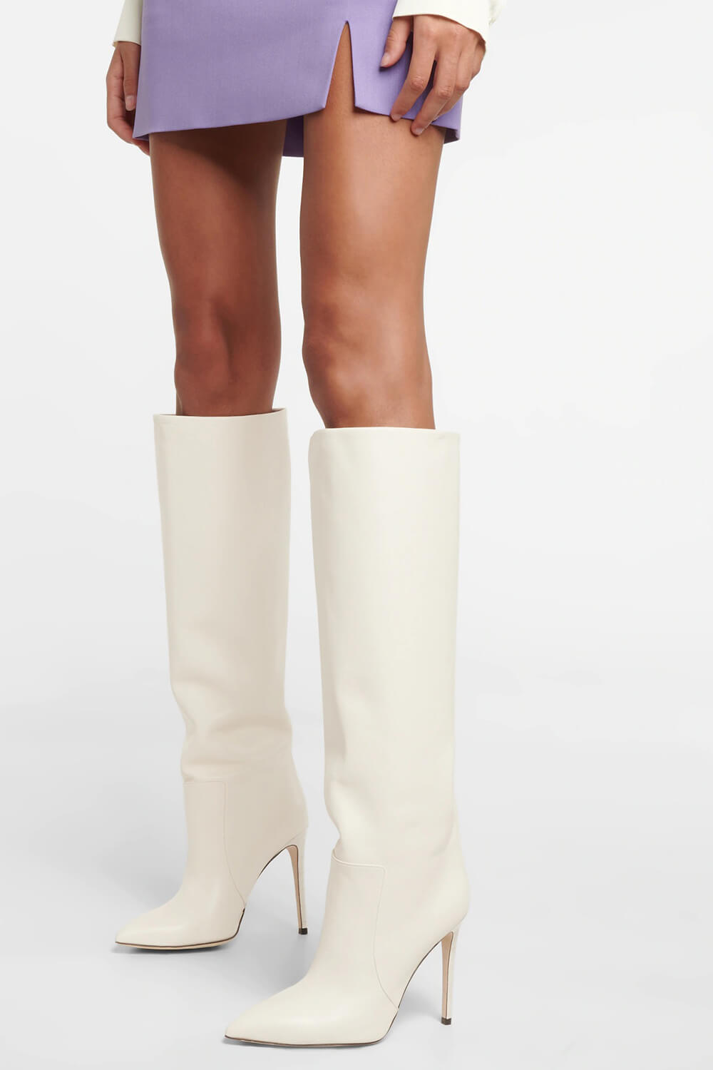 Leather Pointed Toe Ruched Knee-High Boots - White